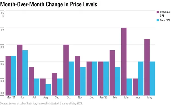 Bar chart of headlines month-to-month versus core CPI over the last 12 months.  Seasonally adjusted.